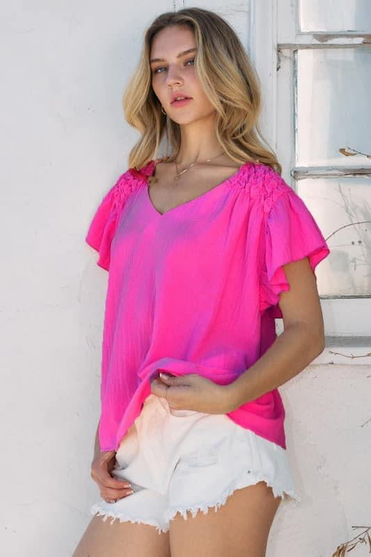 Hot Pink Smocked Sleeve Top